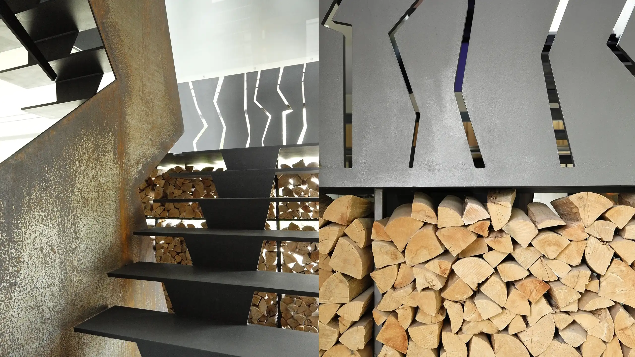 Gefaltete Stahltreppe mit Brüstung aus Cortenstahl und integriertem Holzlager in der Villa im Hardtwald in Bad Homburg