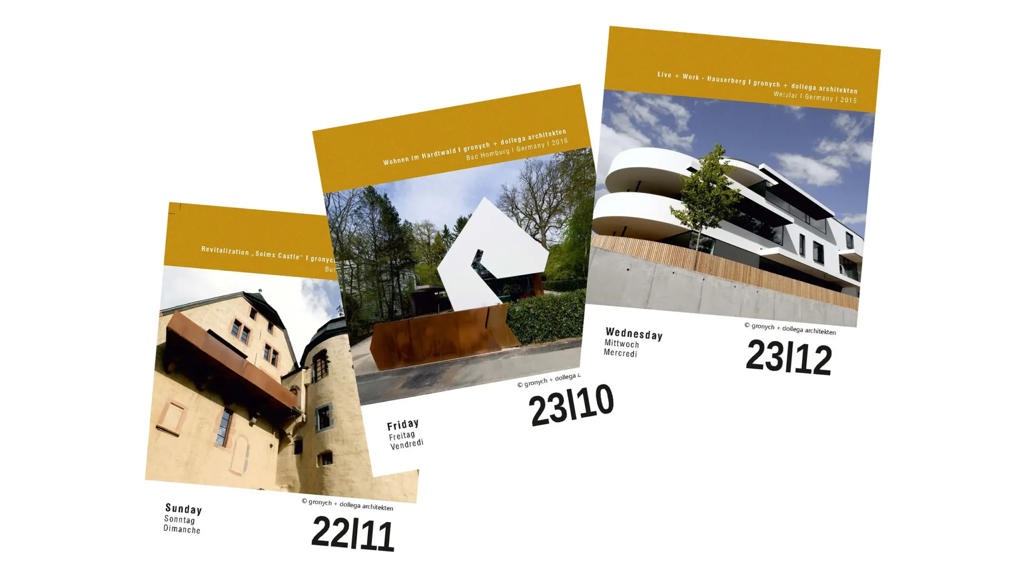 Kalenderblätter aus Archipendium 2020 mit den Projekten Goethestraße 1, Wohnen und Arbeiten auf dem Hauserberg und Solmser Schloss von Gronych + Dollega Architekten