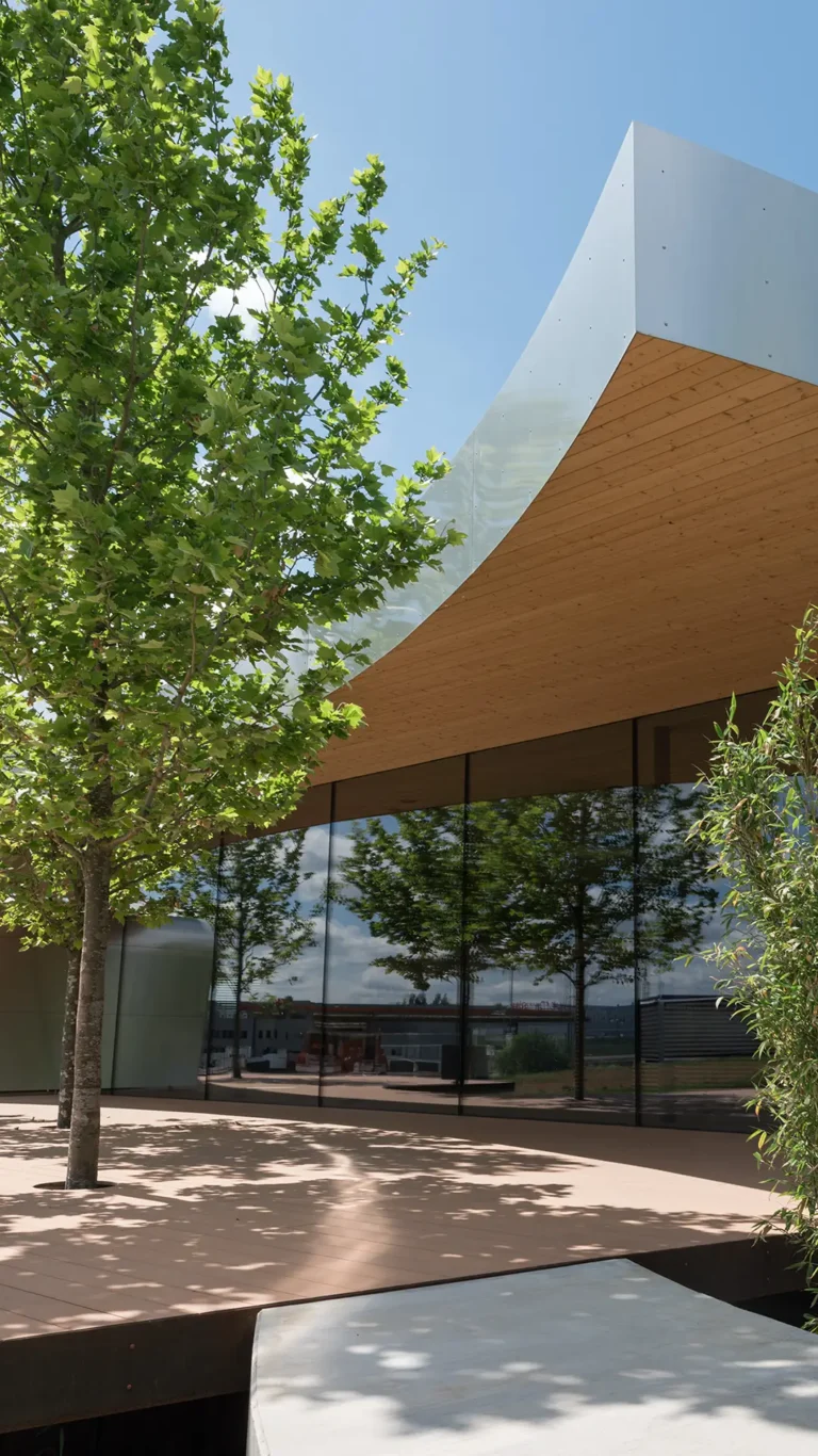 Außenansicht des Showrooms THE SPACE in Solms-Mittelbiel bei Wetzlar mit Glasfassade, Baum, Dachkante und Vorplatz.